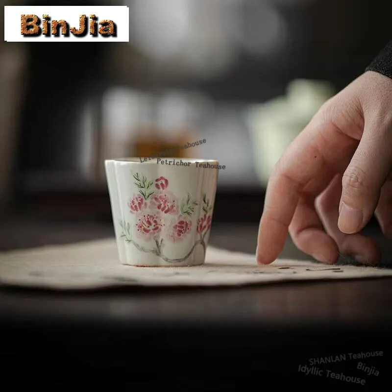 60ml Overglazed Color Hand-painted Crabapple Tea Cup Household Flower Mouth Master Cup Vintage Tea Bowl Fragrance Cup Tea Crafts