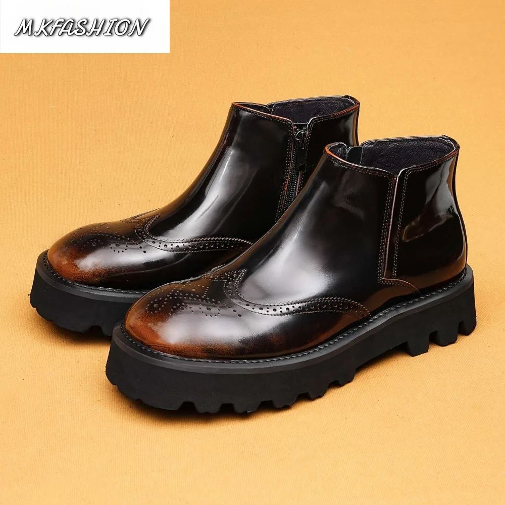 Men's Genuine Leather Short Boots Round Toe Thick Soled Side Zipper Ankle Boot Casual Booties Shoes