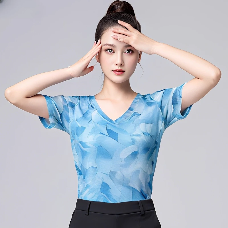 

Новый мягкий удобный осенний топ для латинских танцев для женщин, голубая футболка с короткими рукавами и принтом, топ для занятий бальными танцами