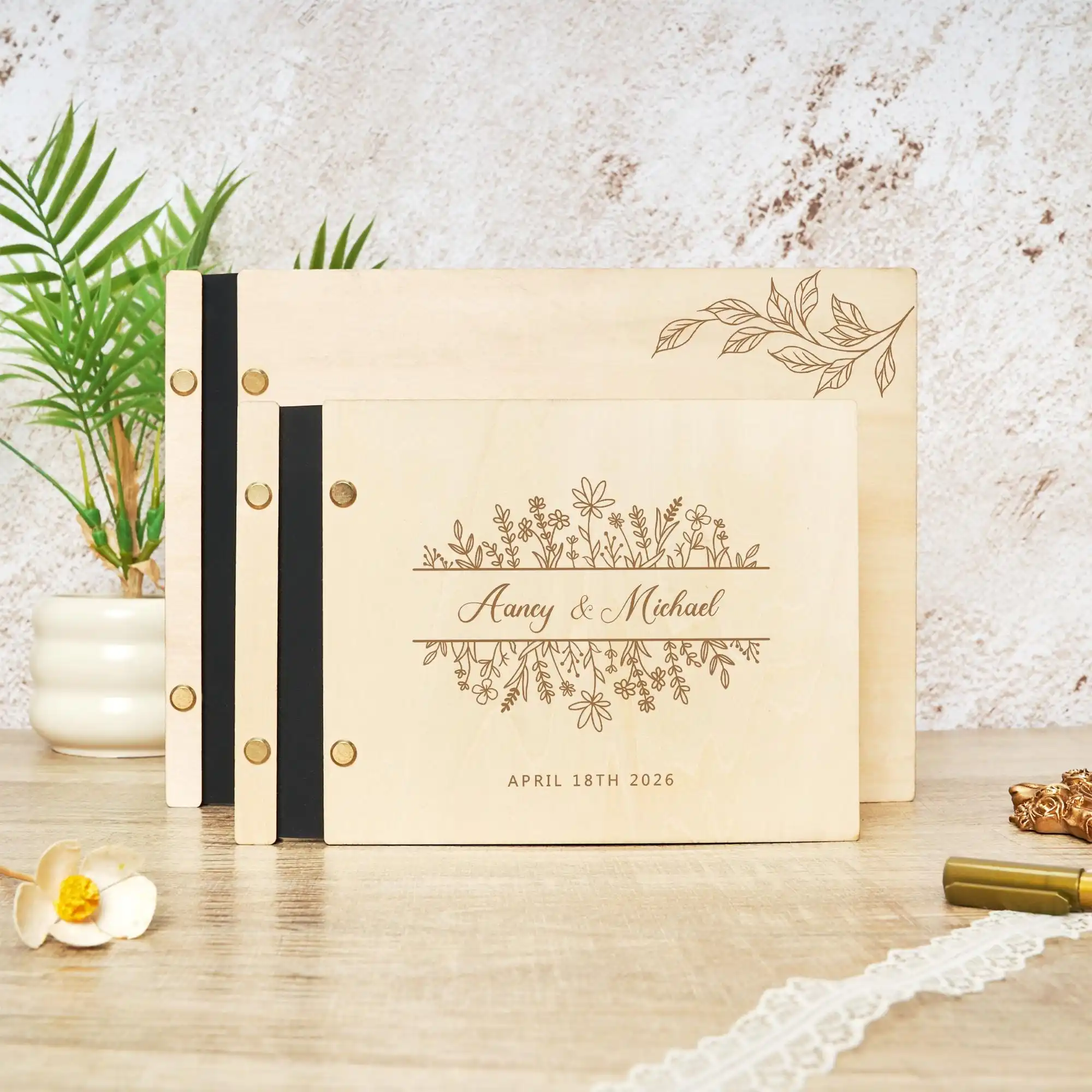 

Персонализированная деревянная свадебная гостевая книга с лазерной гравировкой, деревенский стиль, фотоальбом на заказ, подарок на годовщину свадьбы, памятный фотоальбом