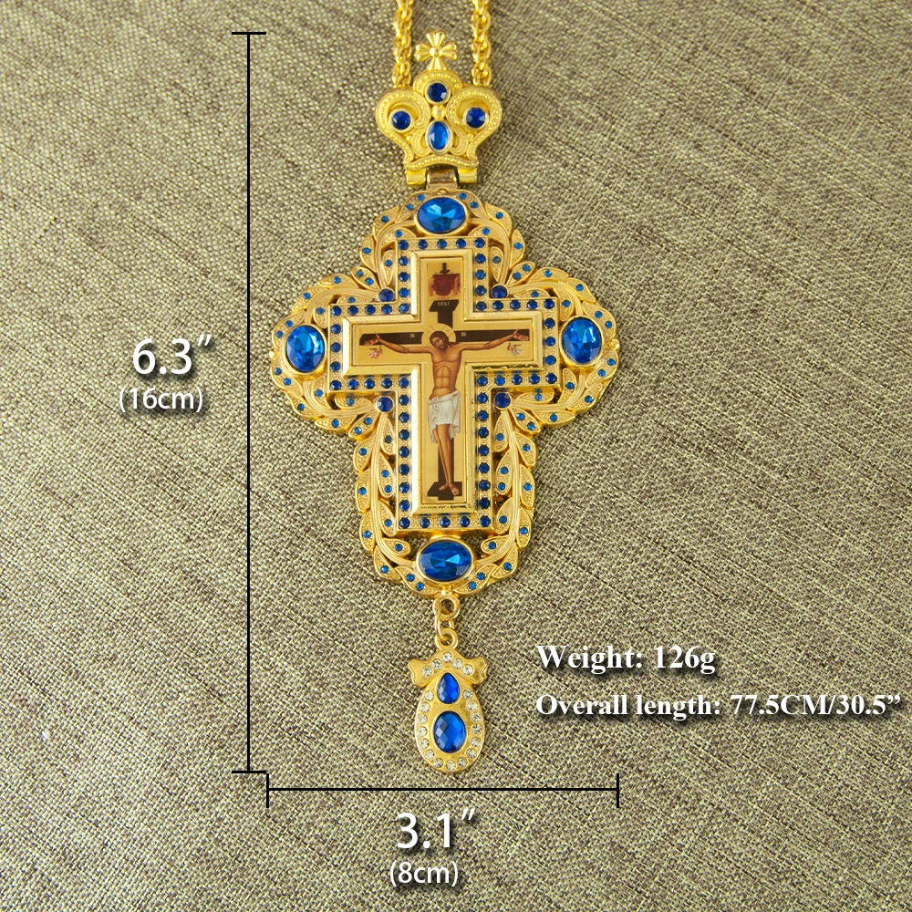 Gold Plated Pectoral Cross Pendant With Vibrant Colored Gemstones Crown Top Design Sacred Crucifix Icon Ornate Handcrafted