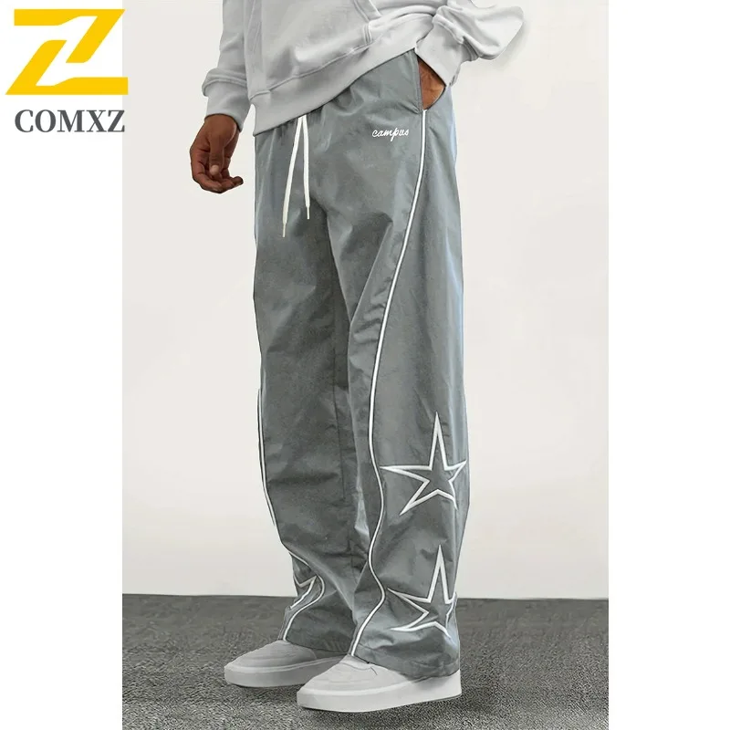COMXZ American Sports Pants Men 2025 Spring Autumn Fashion Printed Loose Trousers Street Clothing Casual Wide Leg Cargo Pants