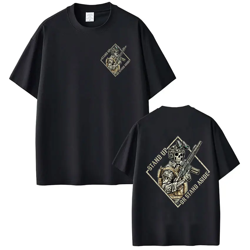 Stand Up or Stand Aside Military Tactical Warrior Skeleton T Shirts Men's Clothing Fashion Casual Cotton Short Sleeves T-shirts