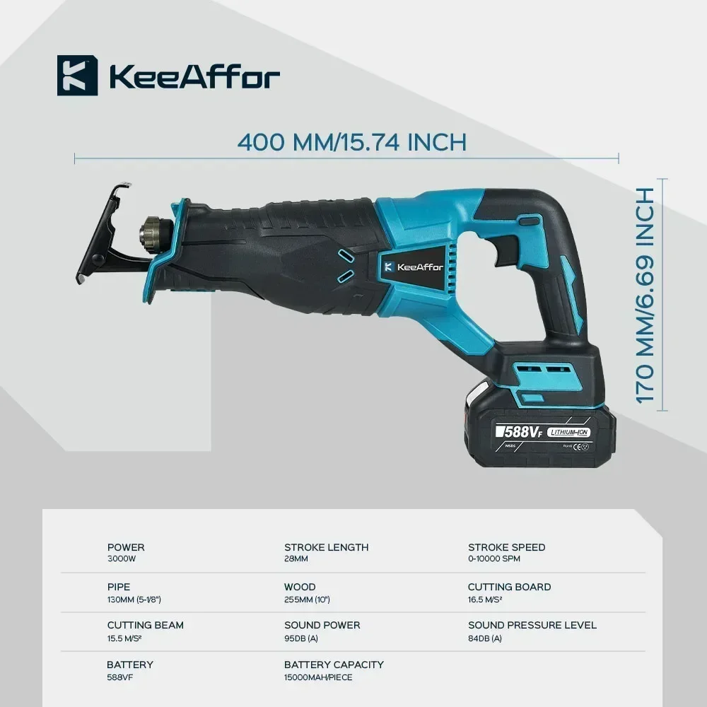 KEEAFOR 전기 왕복 톱, 목재 금속 파이프 절단 전동 공구, 마키타 18V 배터리용, 10000SPM, 3000W