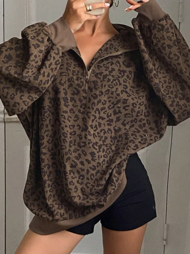 Women Fashion Zipper V Neck Sweatshirt Autumn Casual Loose Hoodie Leopard Long Sleeve Comfortable Pullovers Female 2025 Tops