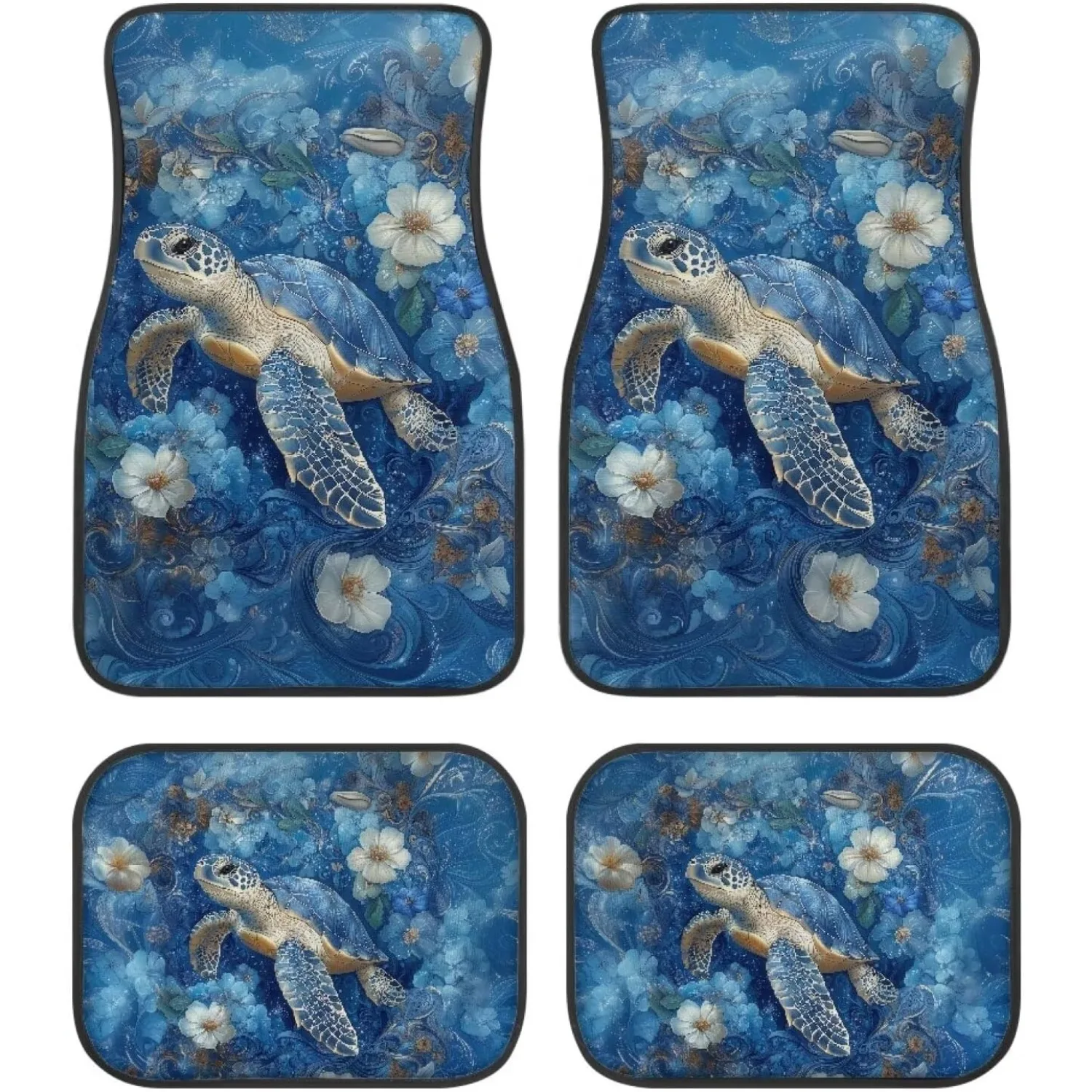 

Sea Turtle Foot Pads 4pcs Full Set Floor Mats Set Hibiscus Flower Print Heavy Dust Car Mats For Car, Anti-Slip Cushion Accessor