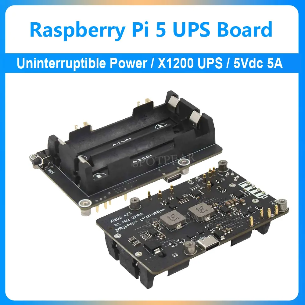 Placa de expansión UPS Raspberry Pi 5, fuente de alimentación ininterrumpida 5V 5A para batería 18650-Li (no incluida)