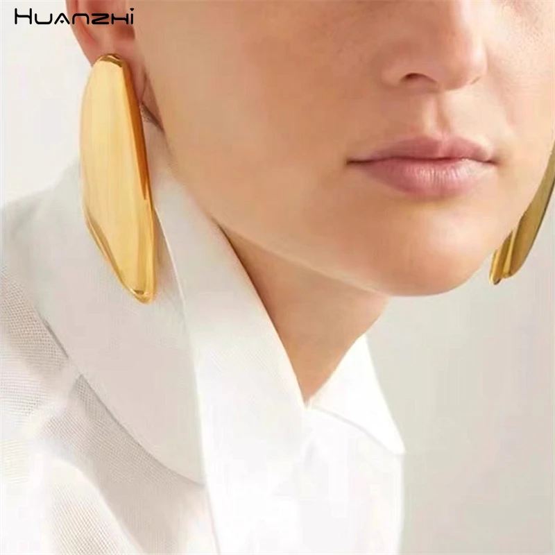 HUANZHI Exaggerated Smooth Irregular Geometric Long Earring Gold Sliver Color Large Punk Vintage Jewelry for Women Girls New