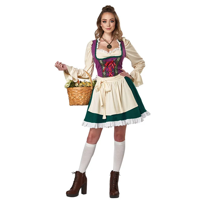 

Women German Oktoberfest Dirndl Maid Costume Traditional Dress with Apron Cosplay Halloween Carnival Festival Performance Dress