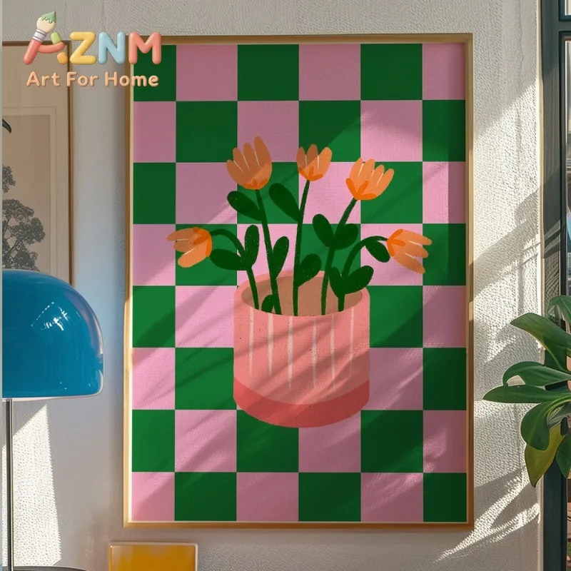 1pc Modern Minimalist Vase Art Print - Pink and Green Checkered Background with Orange Flowers, Unframed Canvas Wall Decor