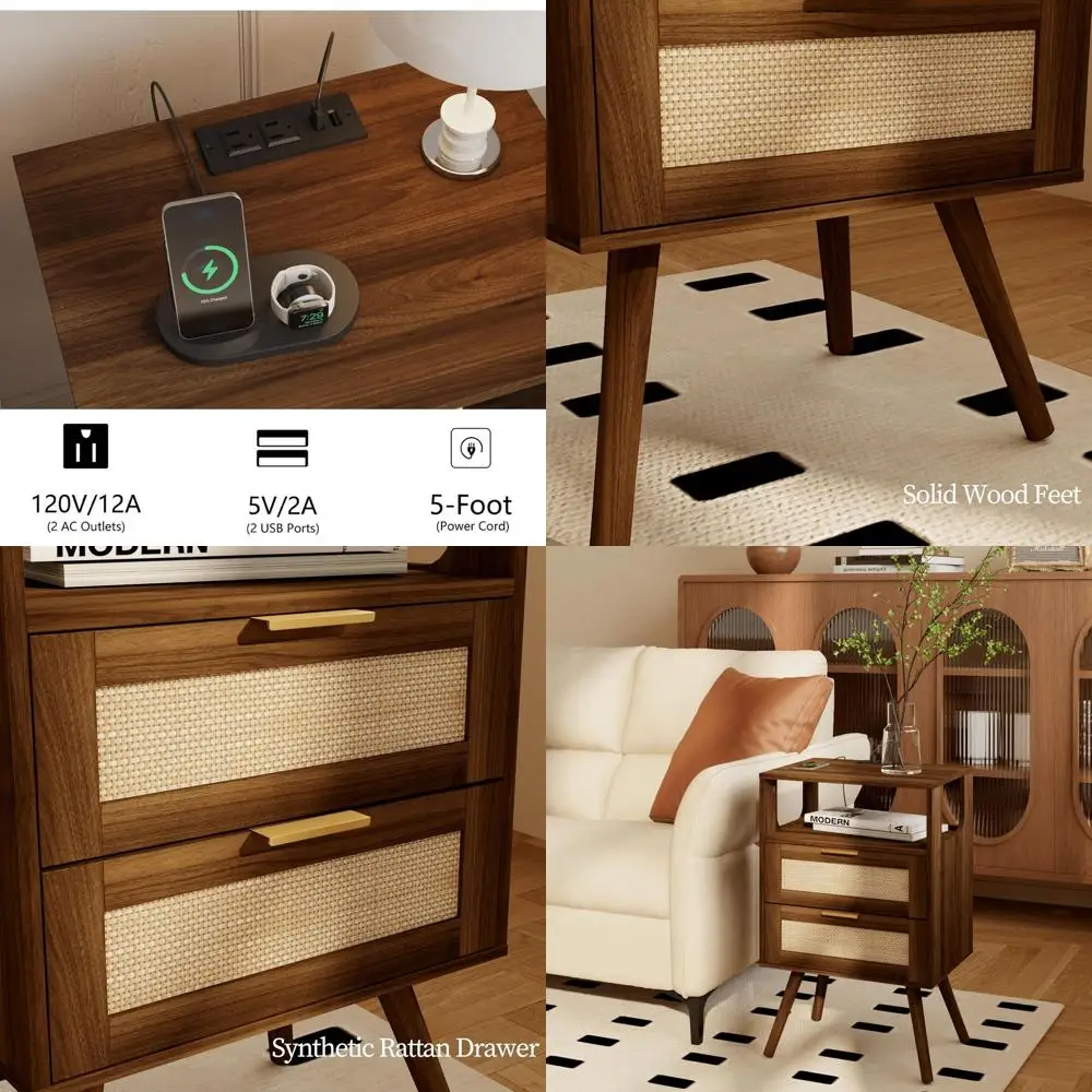 

Прикроватная тумбочка из массива дерева с зарядной станцией и выдвижным ящиком для хранения для спальни