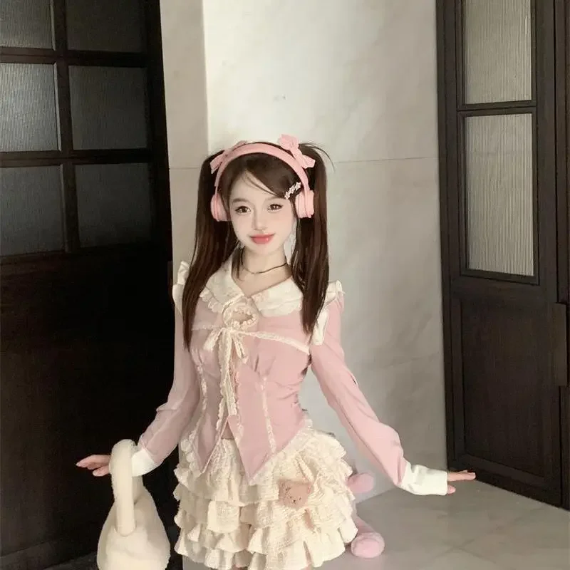 Süßes 2-teiliges Rock-Set für Damen, lässige Langarmbluse + Kawaii-Ballkleider im japanischen Stil, Abendparty, Lolita-Anzug, Herbst 2025, Herbst