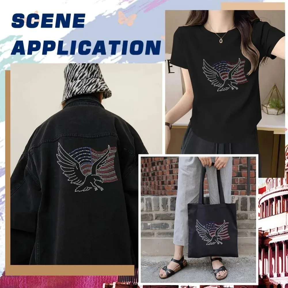 2 حزمة العلم النسر حجر الراين الحديد على الإصلاح نقل ملصق مائي بلينغ بقع المشارب واضح أحمر أزرق بريق الحديد على زين #6