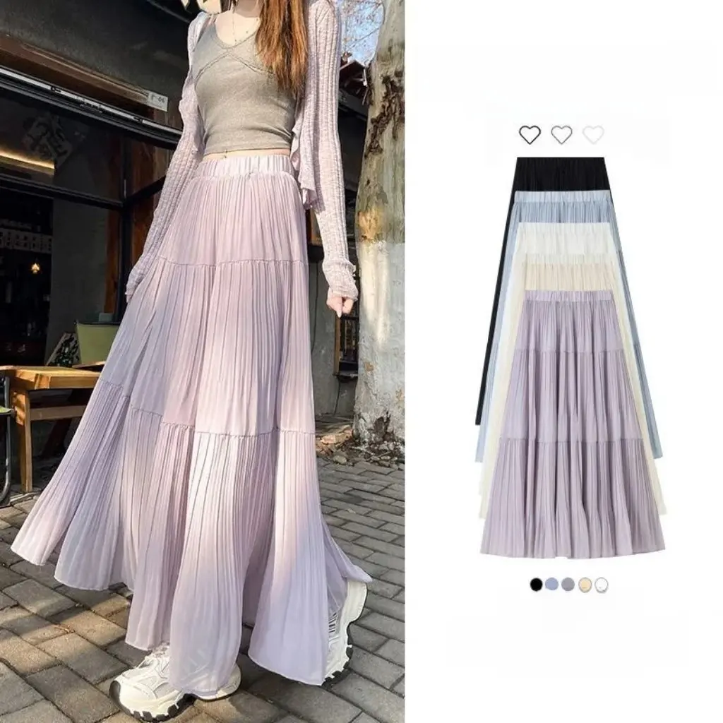 

Women's High Waist A-Line Skirt Purple Summer Slimming Casual Long Hip Covering Pleated Style