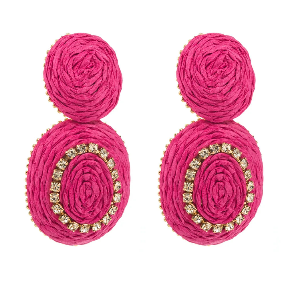 Boho Colorful Braided Raffia Round Crystals Drop Earrings for Women New Party Fuchsia Accessories