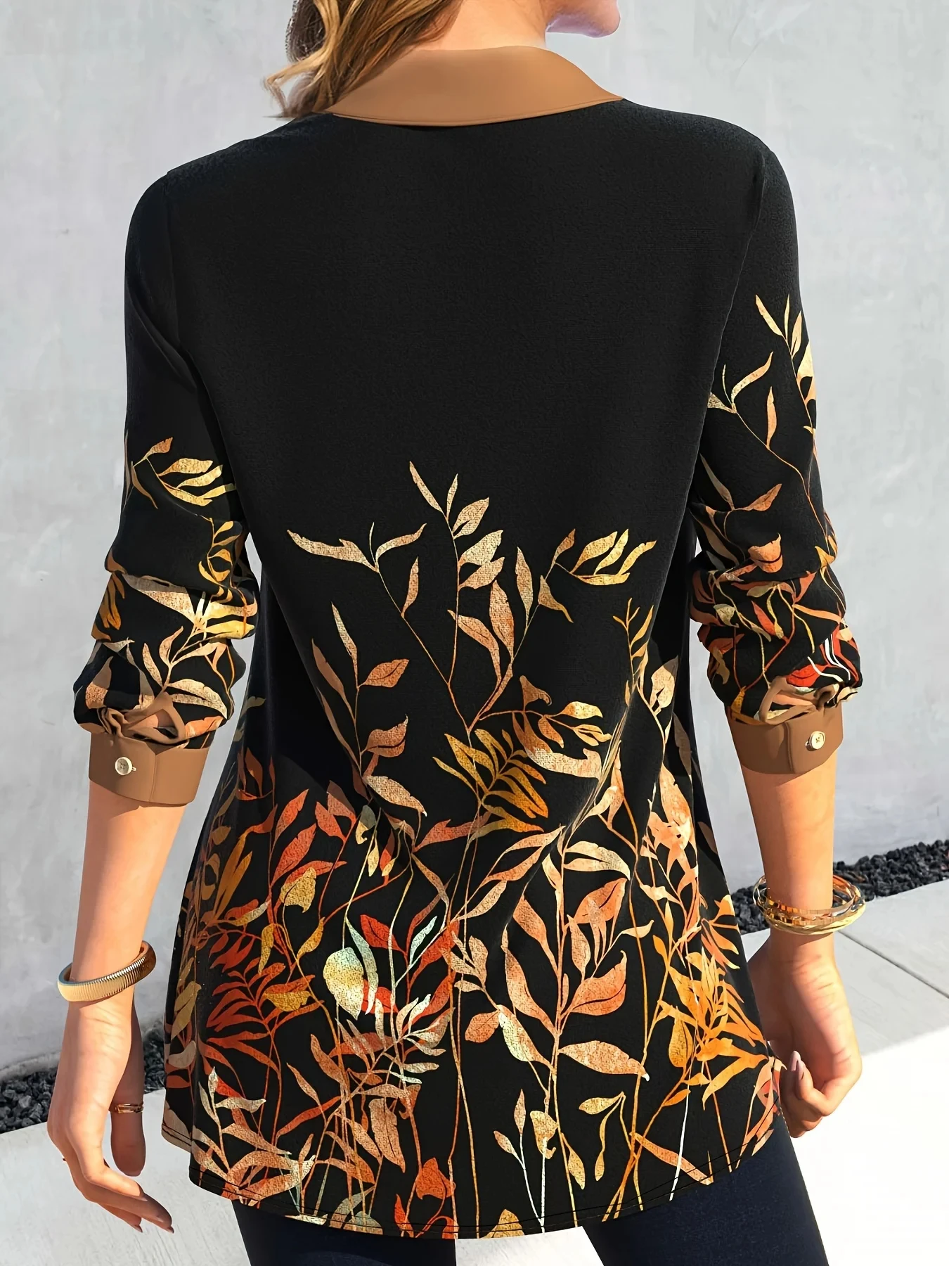 Camisa de manga larga con estampado de flores para mujer, blusa elegante de color negro, ropa de primavera y otoño, 2024