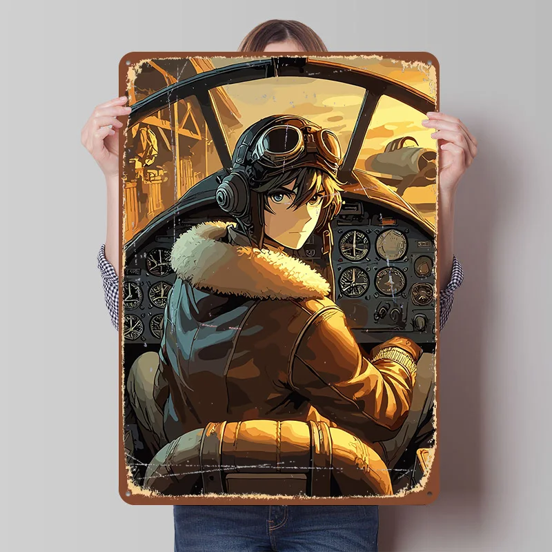Anime Pilot in Cockpit Tin Poster Customized Retro Wall Art Vintage Metal Signs for Room Bedroom Decorations Decoration At Home