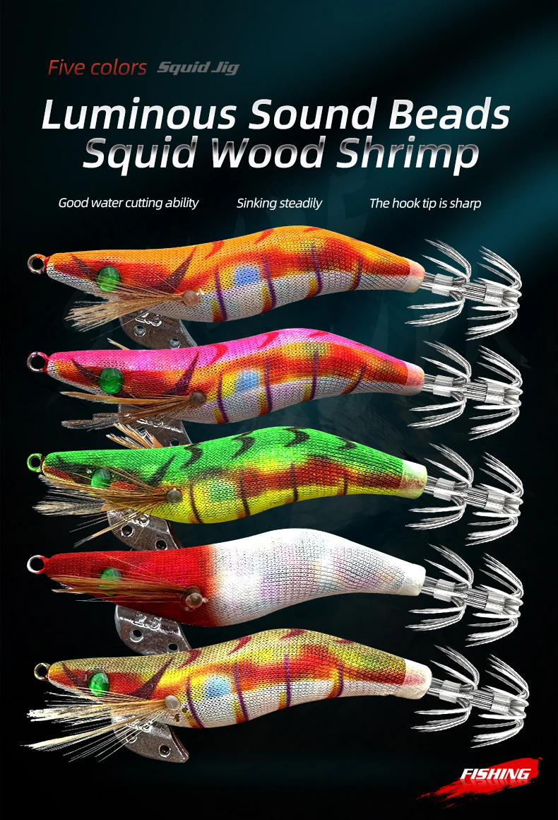 ShareShark 5 Stück/Beutel 2,5 # Leuchtender Holz-Garnelenköder für das Meeresangeln – Künstlicher Tintenfisch- und Sepiaköder – Detail 1