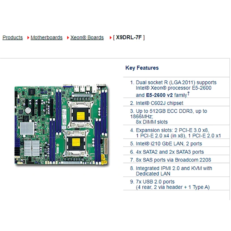 X9DRL-7F Voor Supermicro Twee-weg Server ATX Moederbord LGA 2011 Intel C602 DDR3 Xeon E5-2600 en E5-2600 v2 Familie PCI-E 3.0