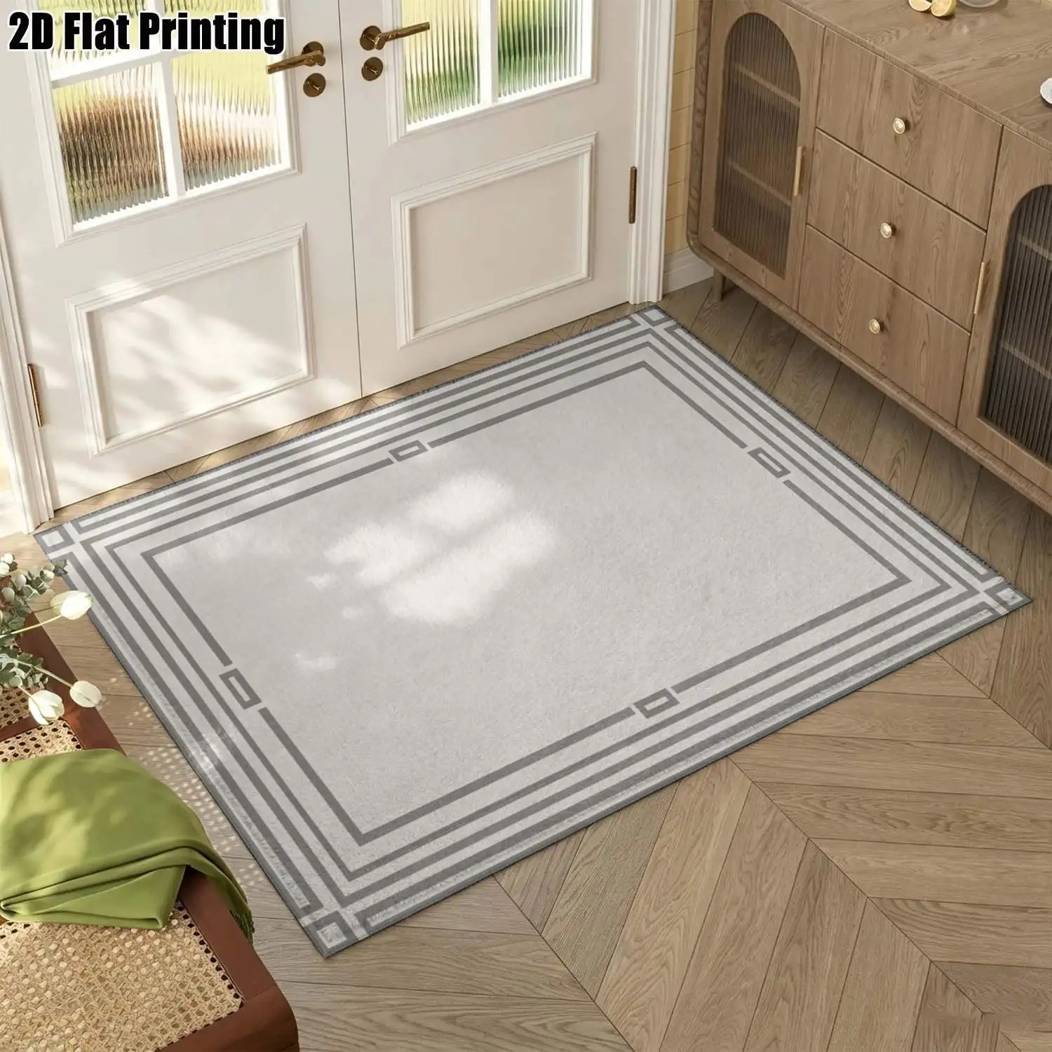 1Pc 2D Printed Gray-White Geometric Border Carpet, Modern Simple Style, Fits Nordic Decor, Multi-Size, Machine Washable, for Entrance, Dining, Foyer, Bedroom, Study, Living Room