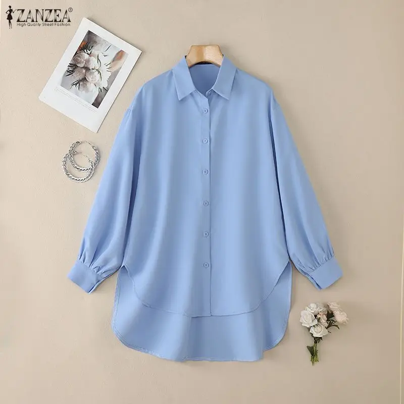 Fashion Women Shirt 2026 ZANZEA Muslim Blouse Autumn Spring Lapel Neck Long Sleeve Tops Solid High Low Work Shirt Mujer Oversize