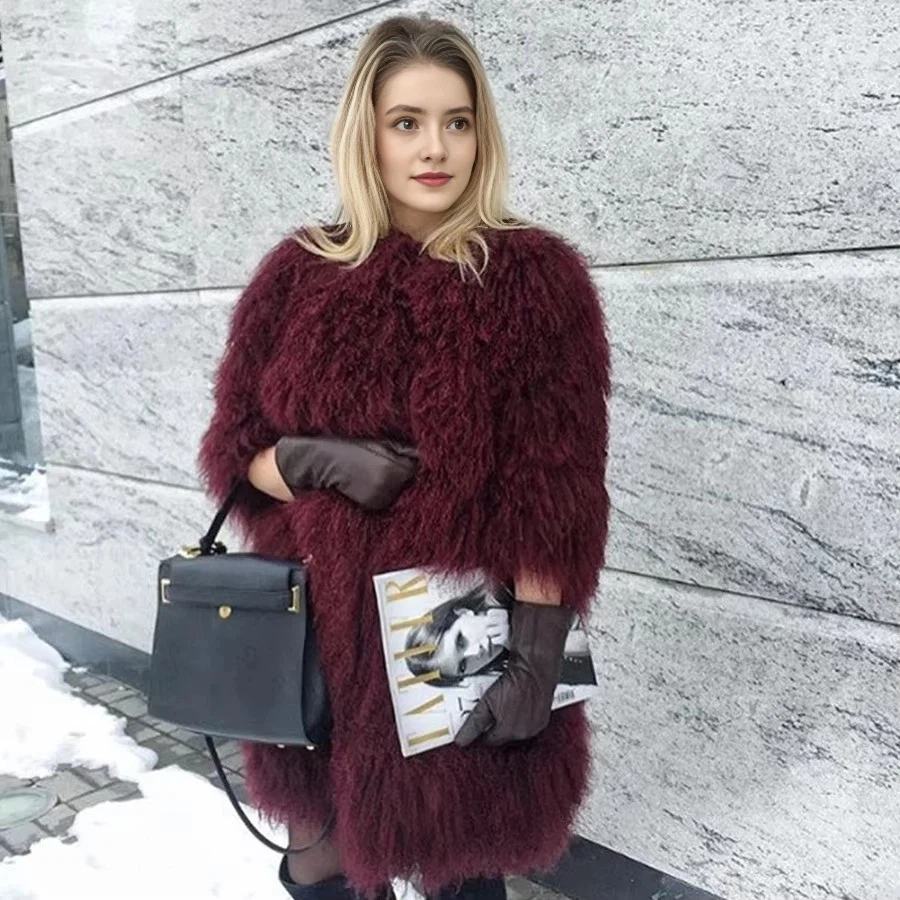 Veste longue en peau de mouton véritable pour femme, manteau en peau de mouton véritable, combinaison en fourrure d'agneau mongole