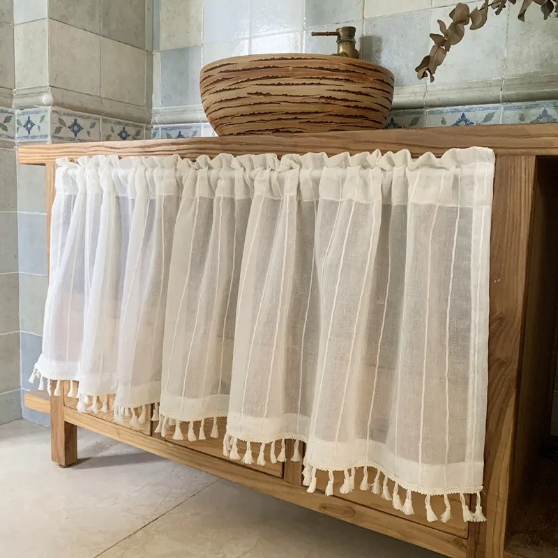 Boho Sheer Curtain Valance Striped Lace Short Curtain Drape with Tassels Rod Pocket Semi-Sheer Window Treatment for Cafe Kitchen