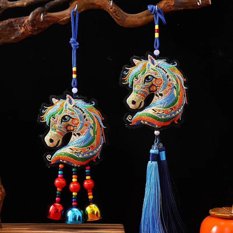 

1pcs New Zodiac Embroidery Three-dimensional Horse Head Tassel Wind Chime Pendant Home Decoration Car Pendant Accessories