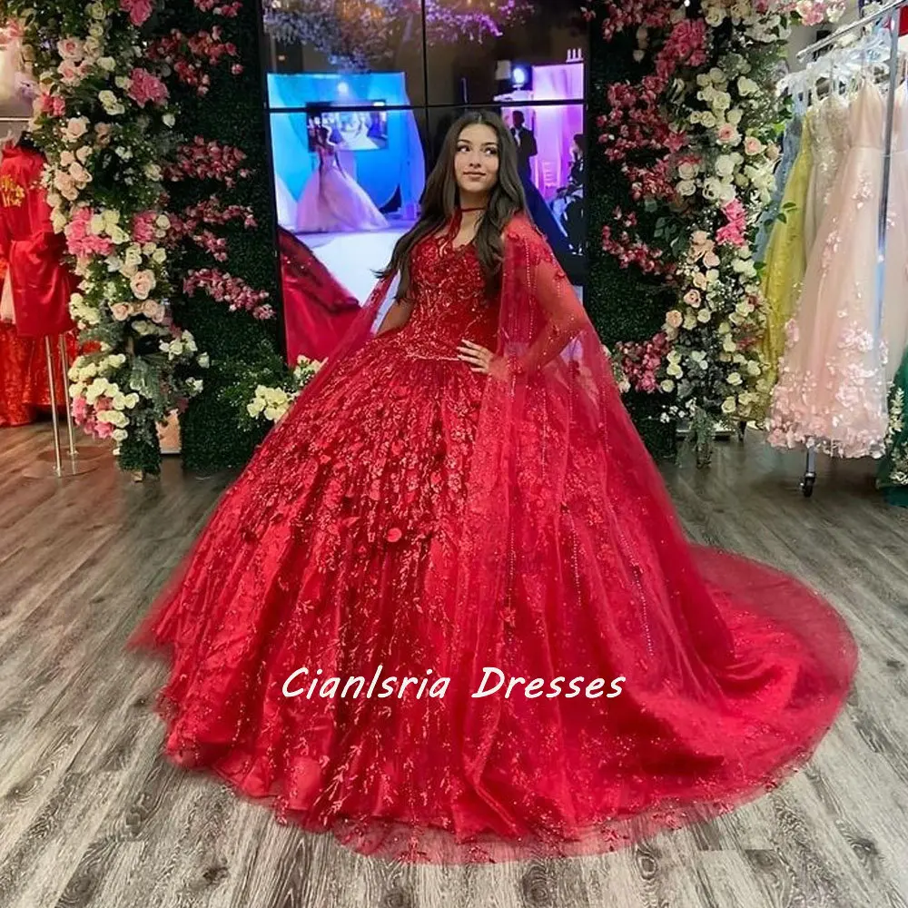 Red Glitter Crystal 3D Flowers Quinceanera Dress With Shawl Ball Gown Off The Shoulder Sweet 15 Pageant Vestidos De XV Años