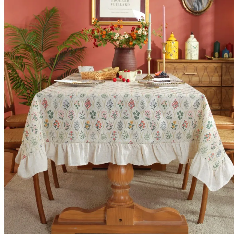 French Dustproof Decoration Dining Tablecloth Square Hemp Cloth Print Table Cloth Home Kitchen Table Cover With lace Or Tassels