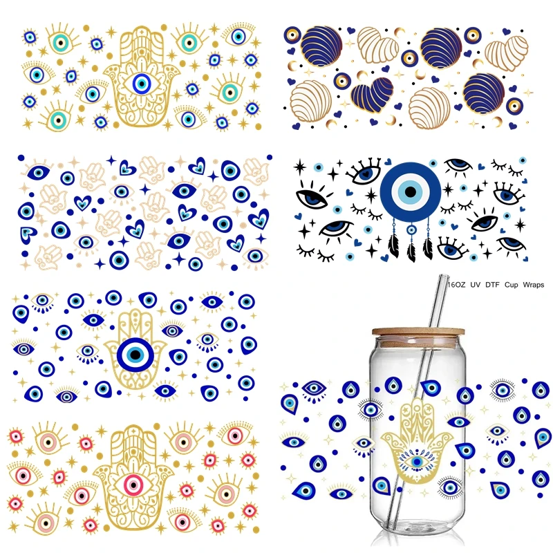 

Wholesale Evil Eye Pusma hand Design 3D Uv Dtf Cup Wraps Transfer Sticker Decals Diy Waterproof For 16 Oz Glass Cups Use
