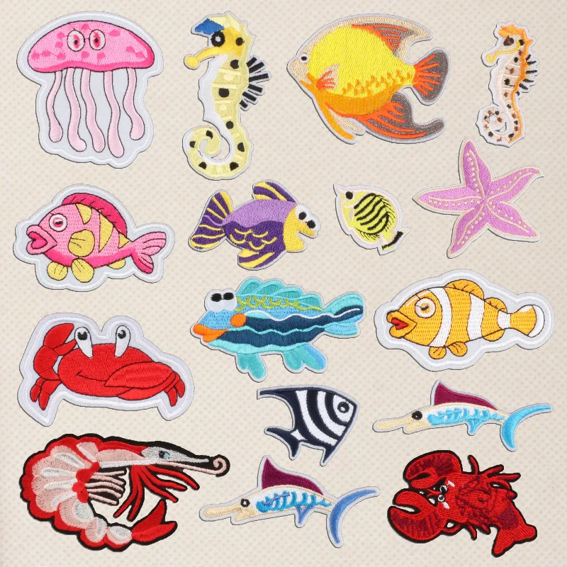 New Cartoon Sea Animals Embroidery Patches Clothing Jellyfish Crab Lobster Starfish Iron-on For Clothing Sewing Stickers Badge