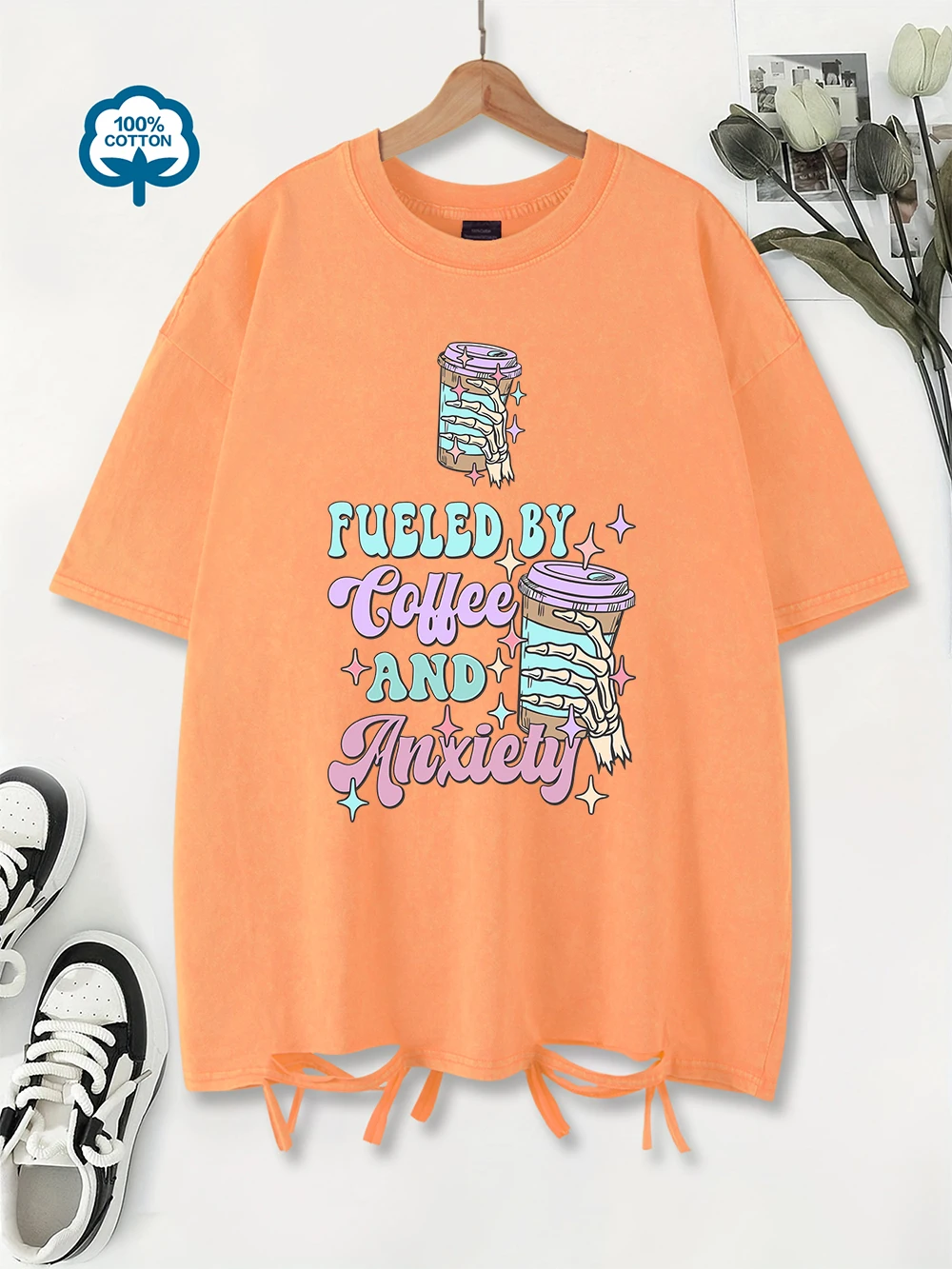

Cotton Washed T-Shirt Women Oversized Fueled By Coffee And Anxiety Prints T Shirt O-Neck Distressed Holes Tops Summer Clothes