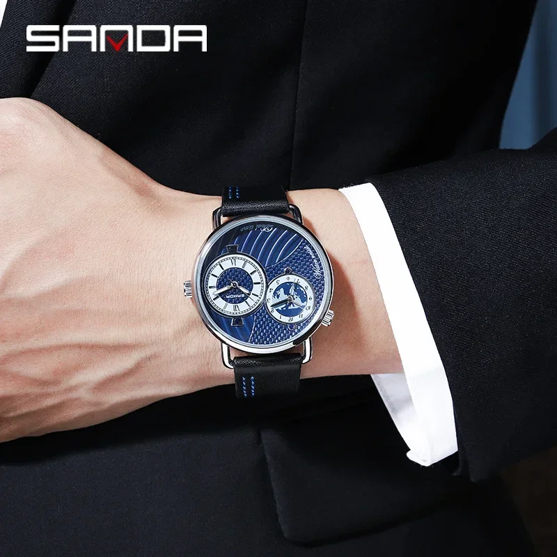 Sanda-reloj analógico para hombre, accesorio de pulsera con movimiento de cuarzo japonés, zonas horarias dobles, gran oferta, 1072