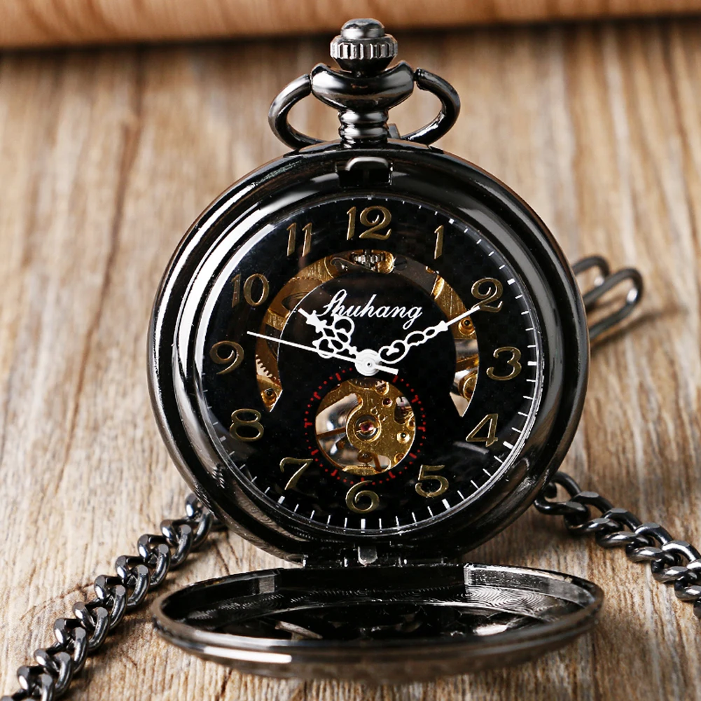 Gold Arabic Numerals Dial Hand Winding Pocket Watch Men Vintage Black Flower Green Dots Hollow Manual Mechanical Pocket Clock