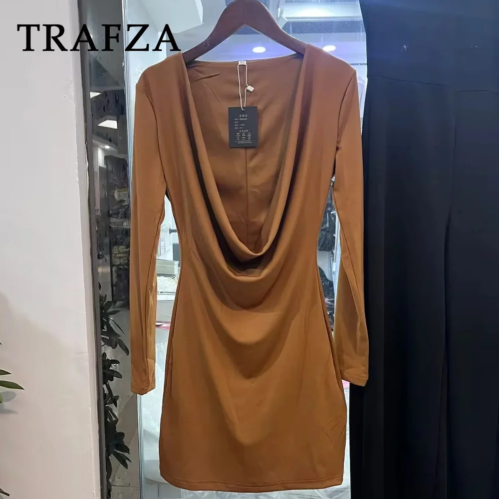 TRAFZA 2024 Spring Summer Sexy Draped Women Dresses Fashion Elegant Slim V Neck Solid High Waist Chic Nightclub Mini Dresses