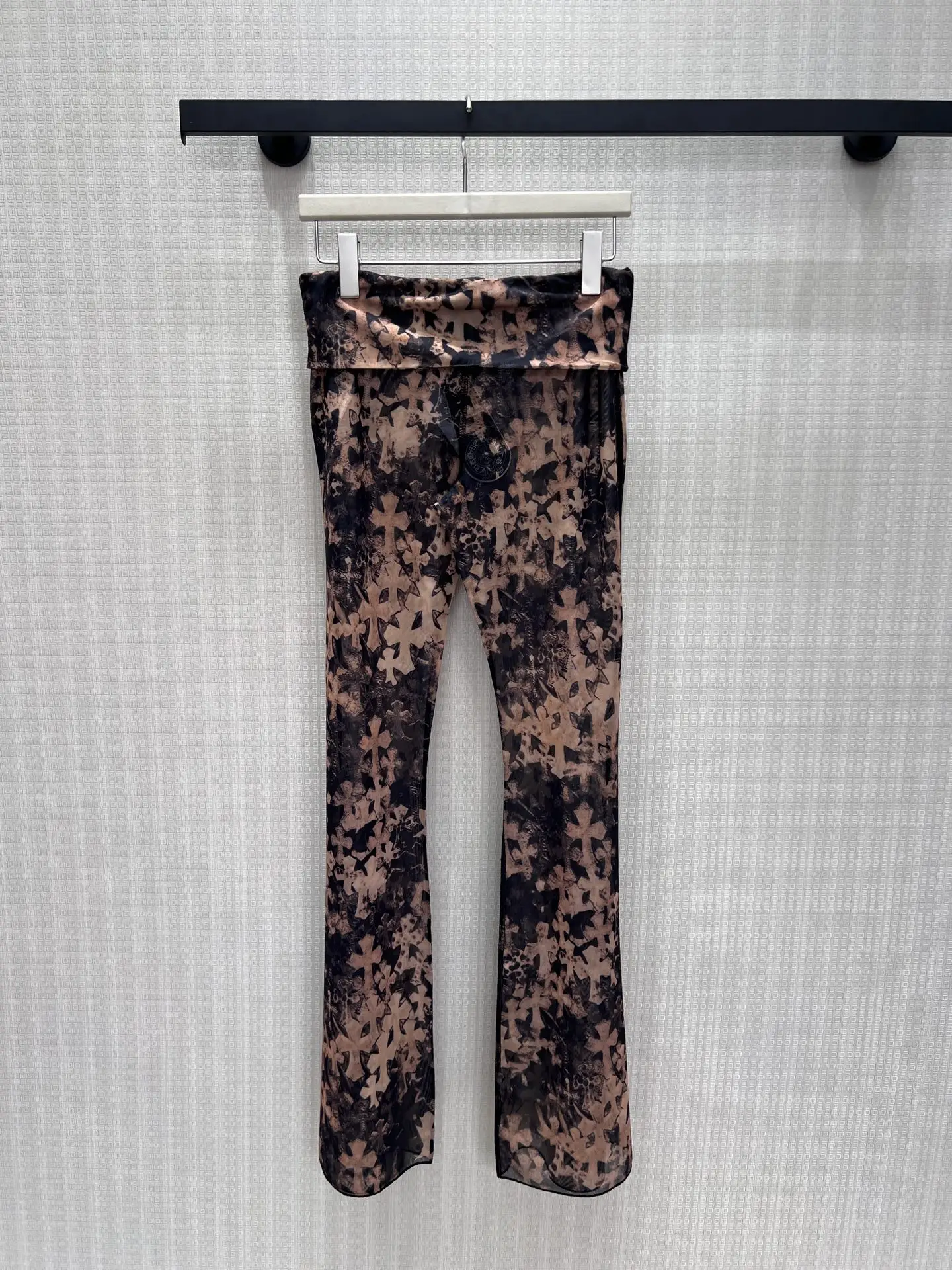Fashionable High-Waist Slimming Cross Print Mesh Bell Bottoms for Women Stylish Tummy Control Casual High Waist Pants
