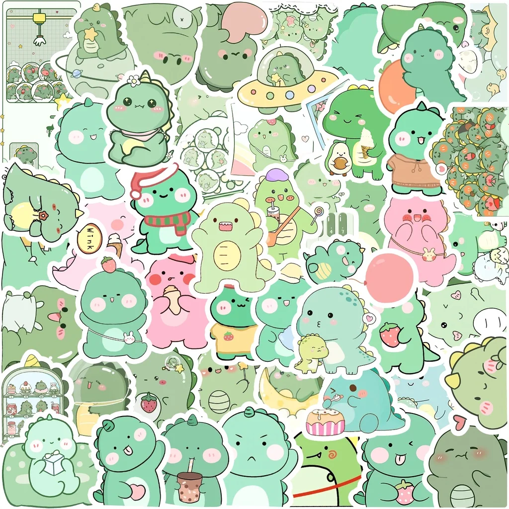 

50PCS Green Cartoon Dinosaur Waterproof Stickers For Helmet Bicycle Hand Account Pencil Case Decals BulingBulingStickers Store