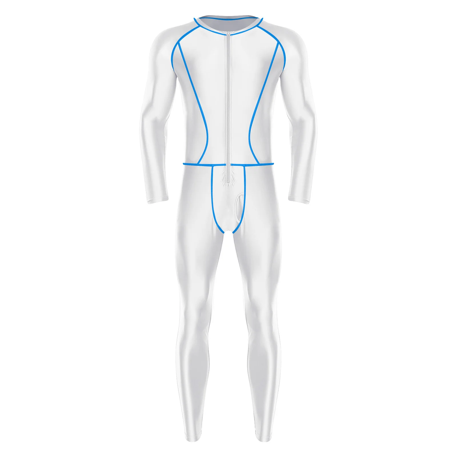 

Mens Glossy Slim Jumpsuit Outer Flat Seams Front Zip Long Sleeve Long Pants Compression Rompers Bodysuit for Swimming Yoga