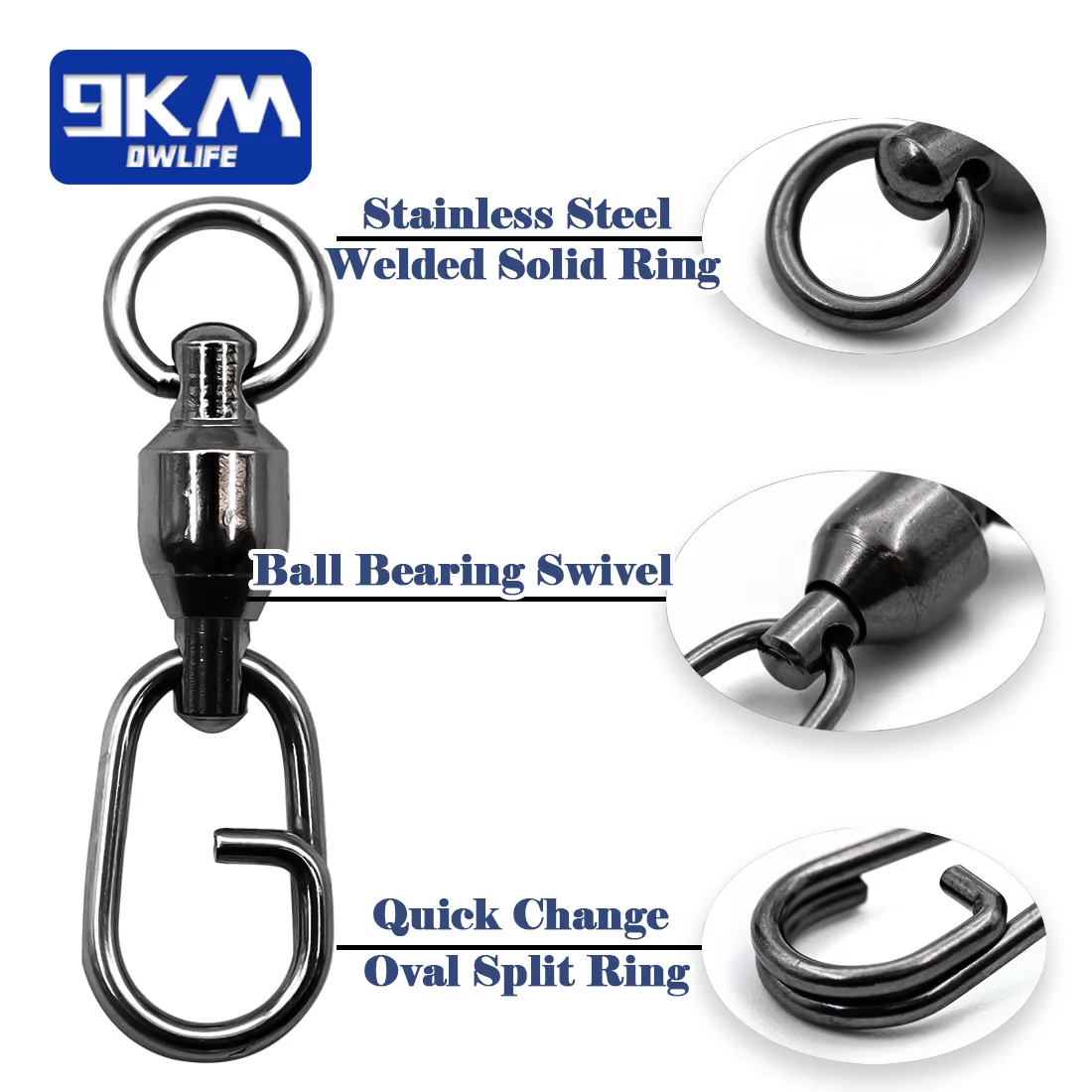 9KM-Fishing gira com Split Ring, Ball Bearing giratória, Carp Fishing Lure conectores, Power Clip, água salgada, 25-100Pcs