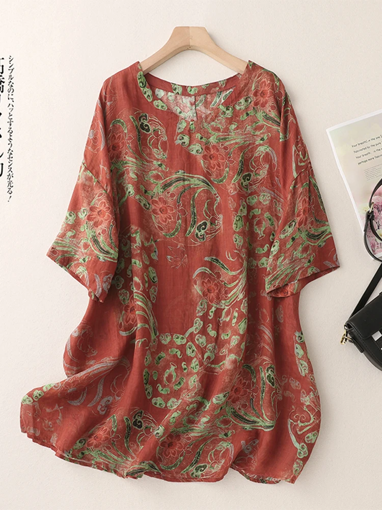 Retro Print Linen T-irt Women's Summer Loose Casual Five-Quarter Sve Thin Cotton Linen irt Top Mid-Length Svel