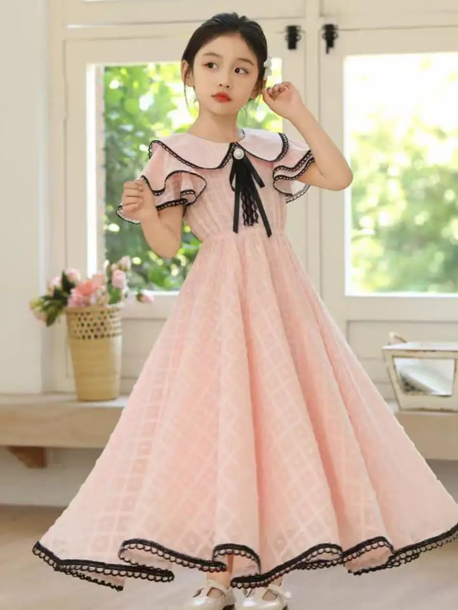 girls-summer-long-dress-children's-skirt-princess-style-clothing-soft-comfortable-pvc-fabric-short-sleeve-round-neckline