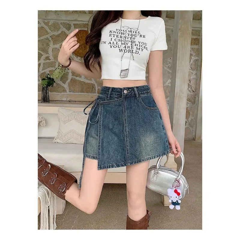 Amerikaanse denim shorts met hoge taille voor dames Nieuw zomerontwerp A-lijn wijde pijpen nep tweedelige rokbroek