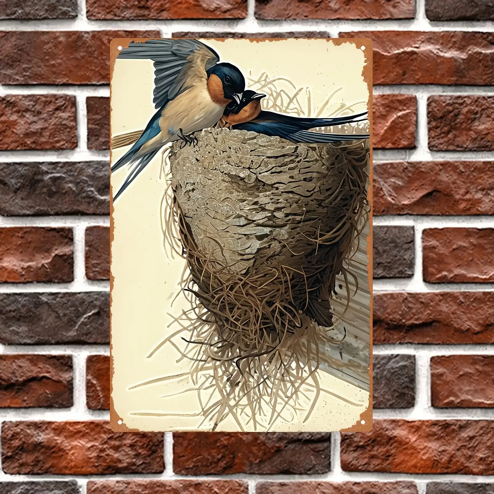 Vintage Swallows Nesting on Rustic Wall Art – Hand-Drawn Nature-Inspired Home Decor for Living Room, Perfect Gift for Mother'