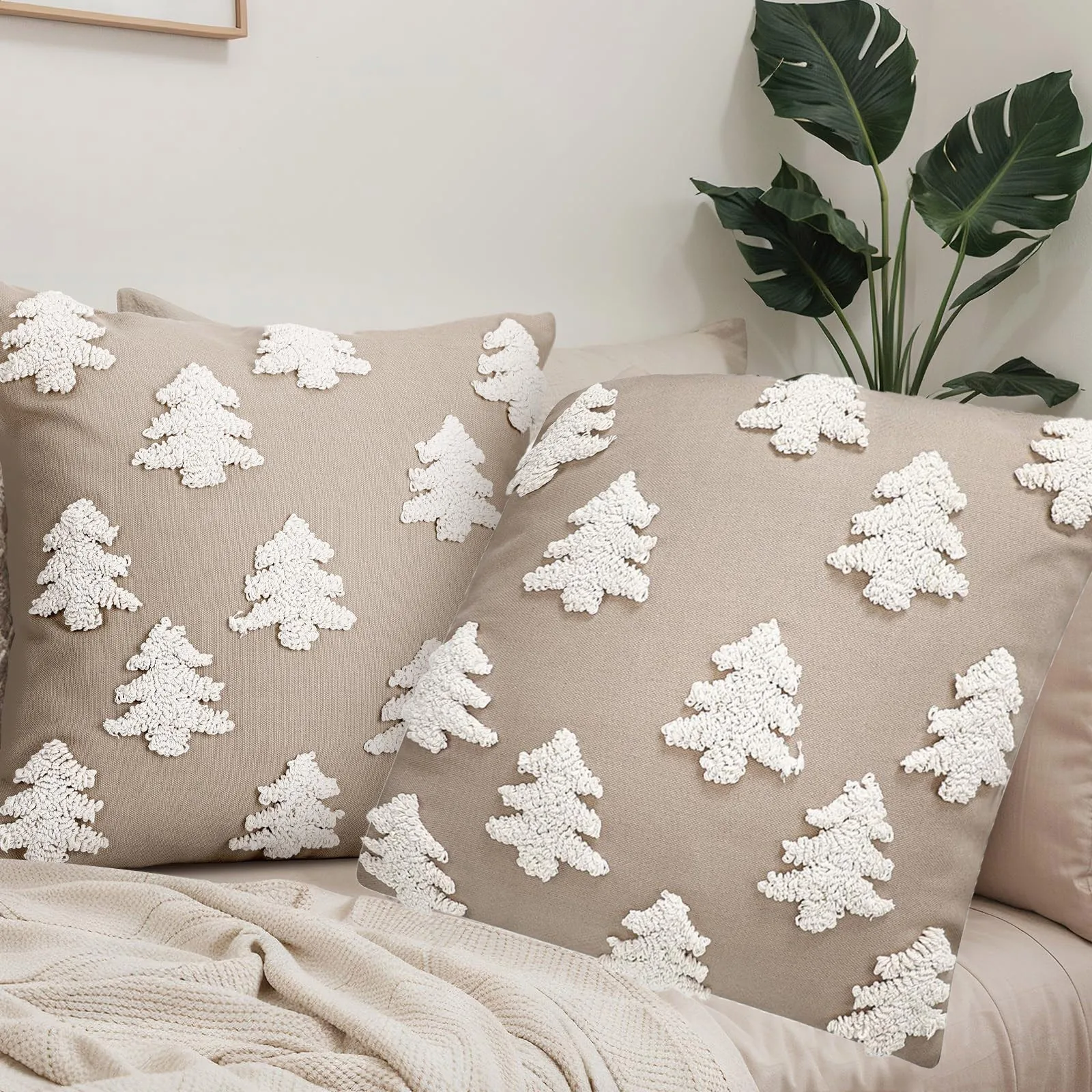 Christmas Throw Pillow Covers 18 X 18 Inches Neutral Christmas Tree Embroidery Decorative Pillowcases Flannel Pillowcases