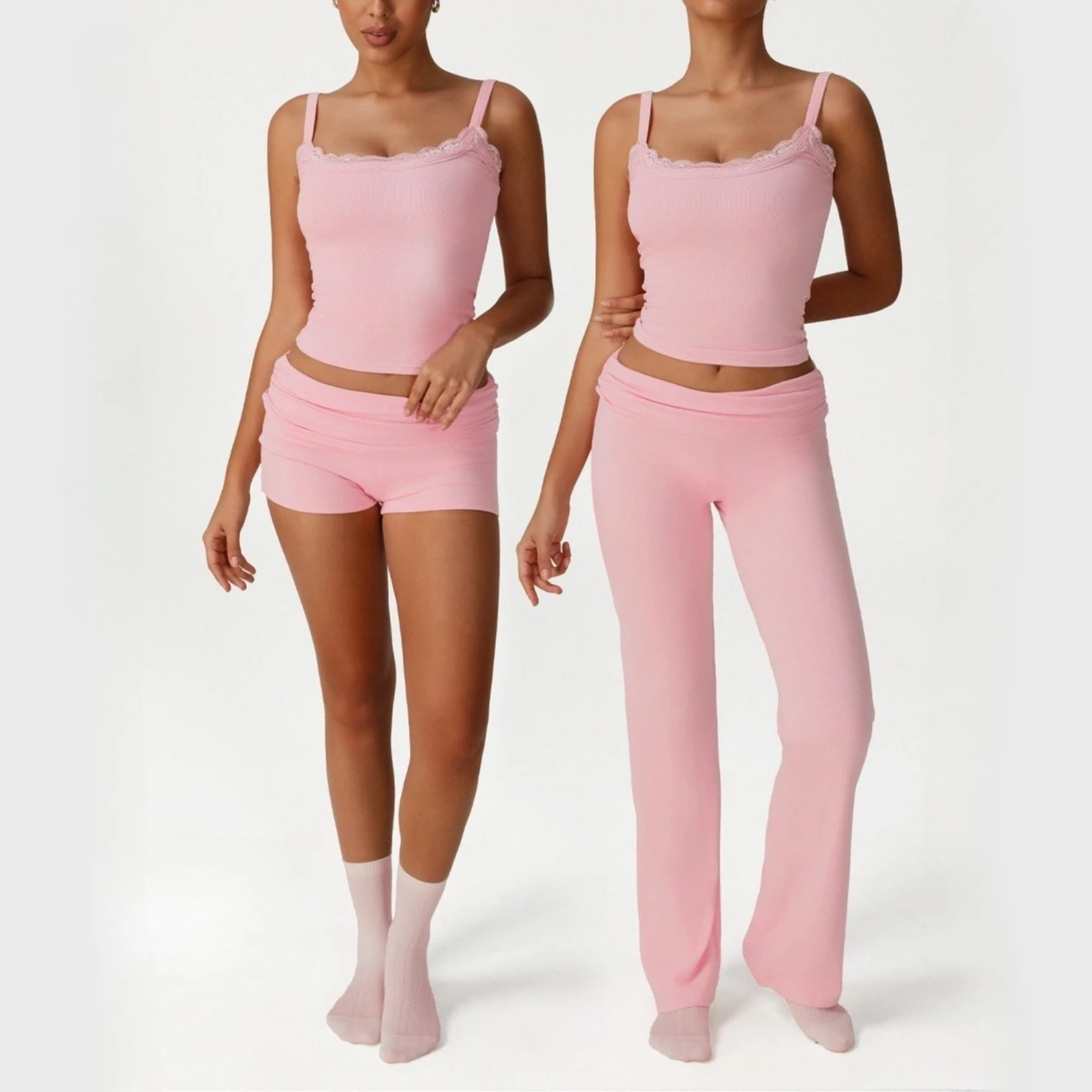 Women 2Pcs Yoga Set Lace Trim Cami Top Fold Over Waist Shorts Flare Pants Set Pilates Dance Workout Clothes Loungewear Outfit
