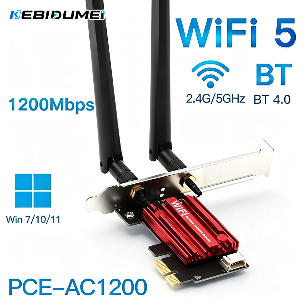 KEBIDUMEI WiFi 5 AC1200 PCI-E Wireless Adapter Network Card Dual Band 2.4G/5GHz 802.11AC For Bluetooth 4.0 Desktop Laptop Win 11