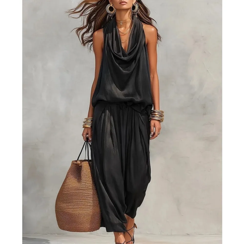 Swing Collar Halter Neck Wide Leg Jumpsuit Summer Women's New Sexy Sleeveless Casual Loose Vest Jumpsuit Ropa Para Mujer
