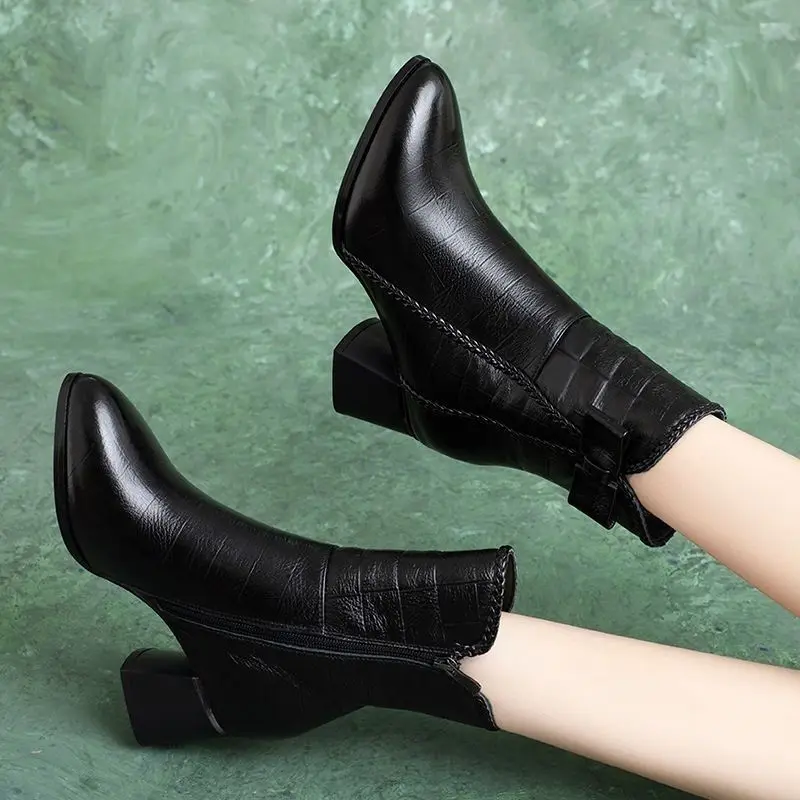 Black Bow Middle Heel Ladies Mid Calf Shoes Autumn Winter Leather Warm Women's Half High Boots Waterproof Fashion 2025 Y2k Boot