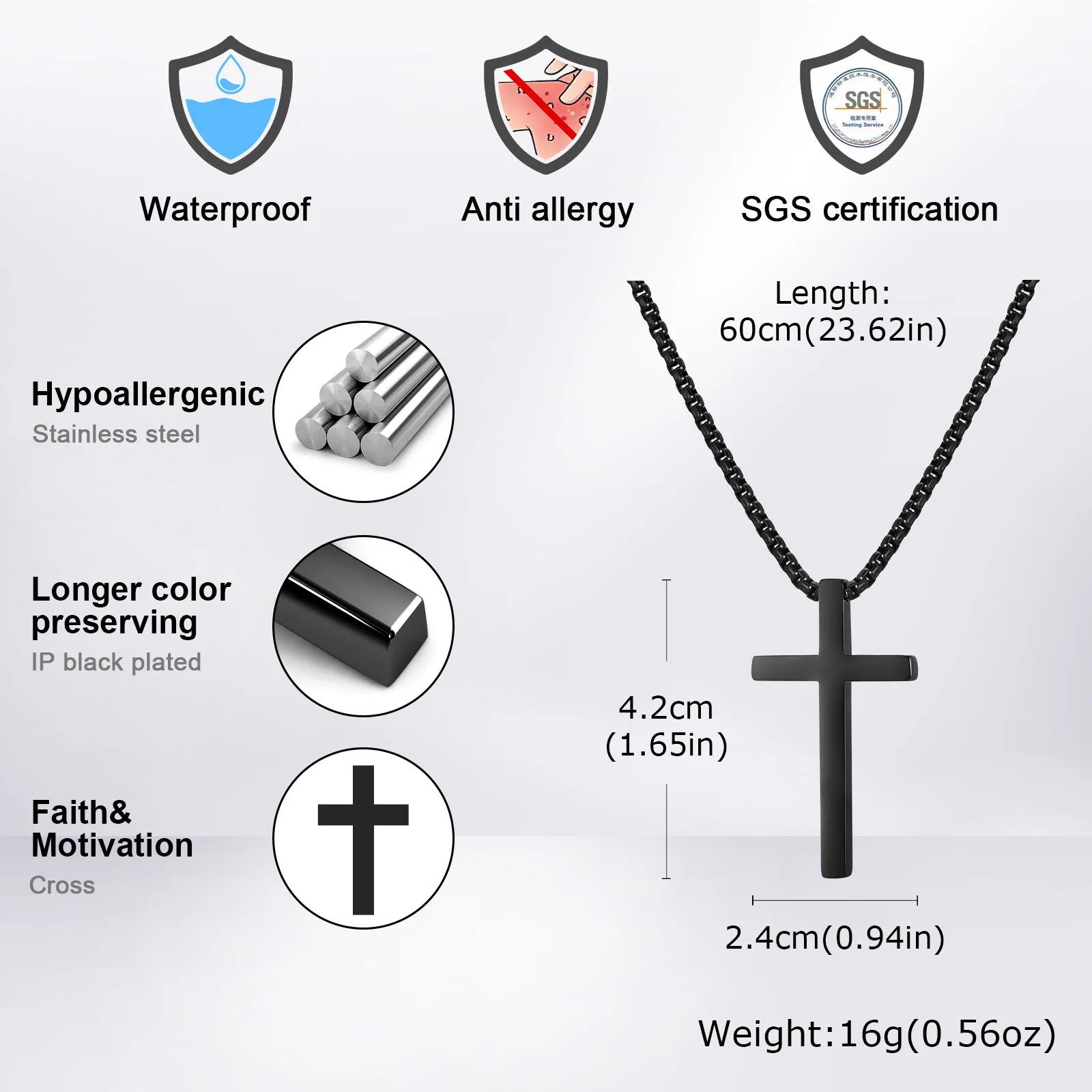 Lässige Herren-Halsketten mit Kreuz-Anhänger, wasserdichte Kreuzkragen aus Edelstahl mit 60 cm langer Box-Kette, christliches religiöses Gebetsgeschenk – Detail 4